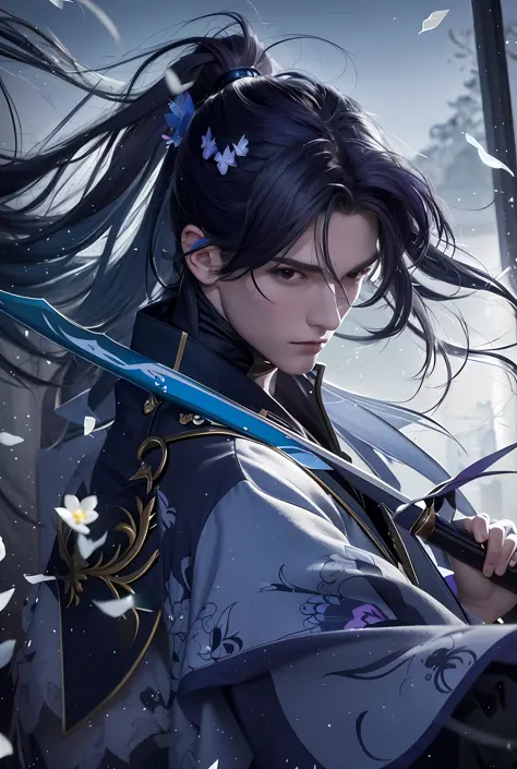 Blue-purple style, blue-purple long hair, fluttering ponytail, flying flowers, scabbard on the back, messy hair, broken hair, lo...