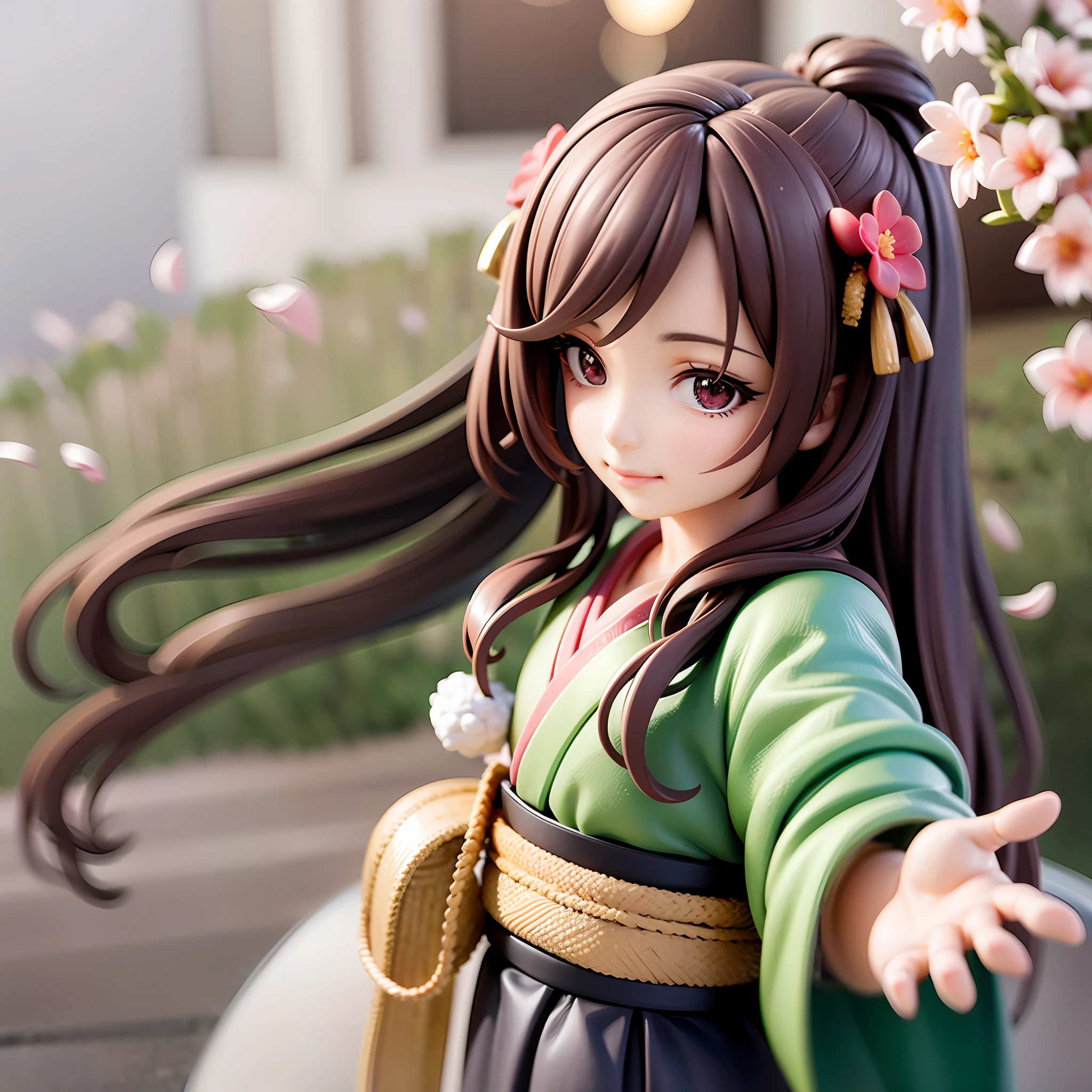 1girl, kimono,long hair, (brown hair:0.3), reaching out, dutch angle,cherry blossoms, on grass, sunlight, cute face, beautiful eyes BREAK full body, chibi, [realistic], [3d], (3dcg), ((octane render)), smile, closed mouth BREAK (8k, RAW photo, best quality, masterpiece:1.2), ultra high res, (((realistic, photo-realistic))), professional lighting, detailed lighting, professional photography, fisheye, dynamic angle, high quality, high res, extremely detailed, bloom BREAK depth of field, sketch, sharp focus, soft lighting, good composition, god light highlight, detailed, (((photorealistic details))), detailed skin, to8contrast style