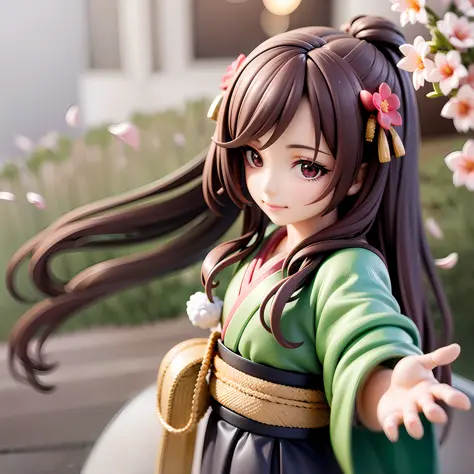 1girl, kimono,long hair, (brown hair:0.3), reaching out, dutch angle,cherry blossoms, on grass, sunlight, cute face, beautiful e...