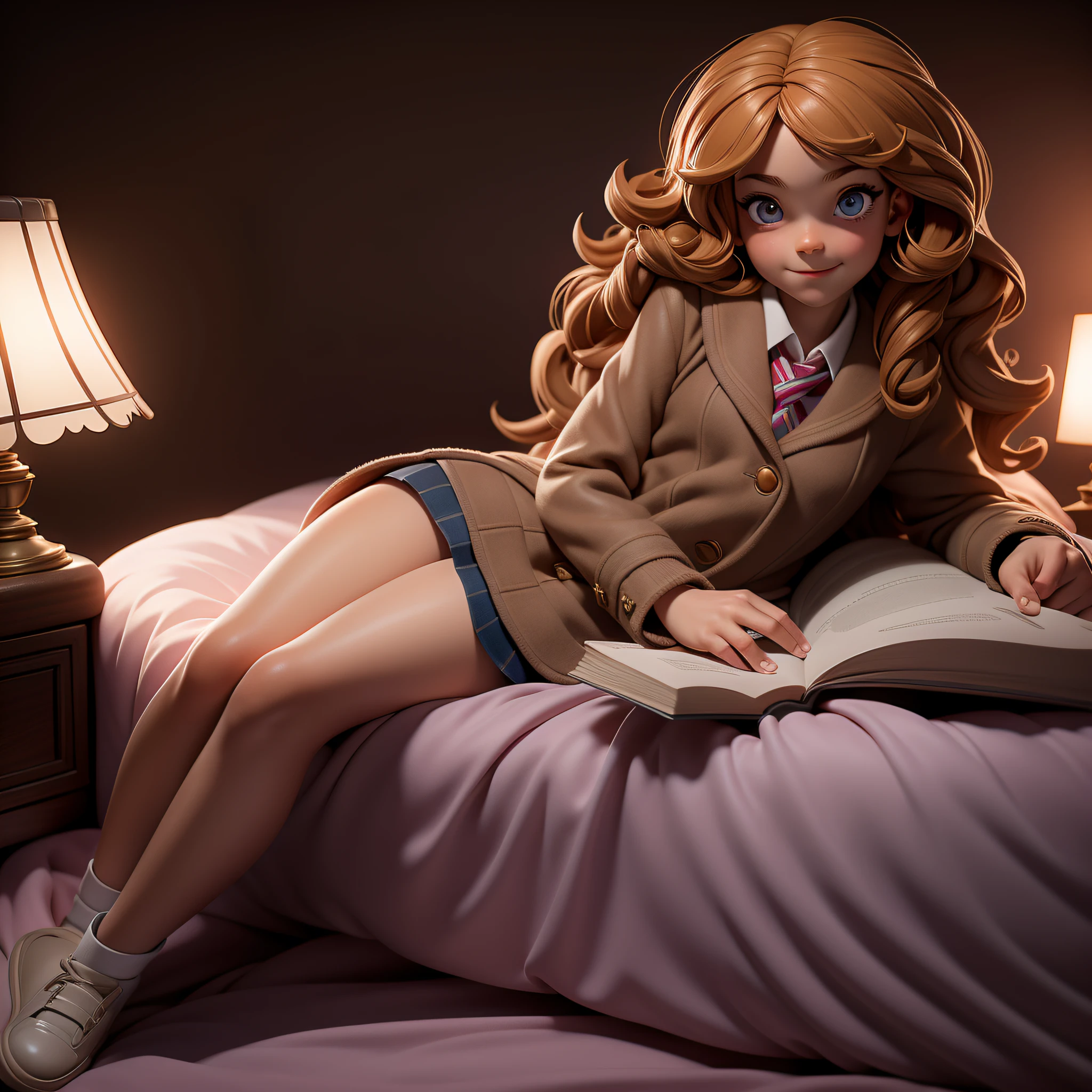 9yo, 1girl, child, solo, Hermione Granger, full body, solo, school uniform, beautiful face highly detailed and eyes, beautiful skin, bed room, shiney solar lighting, 9yo, 1girl, child, solo, Hermione Granger, school uniform, beautiful skin, smile perfect anatomy, shiney solar lighting