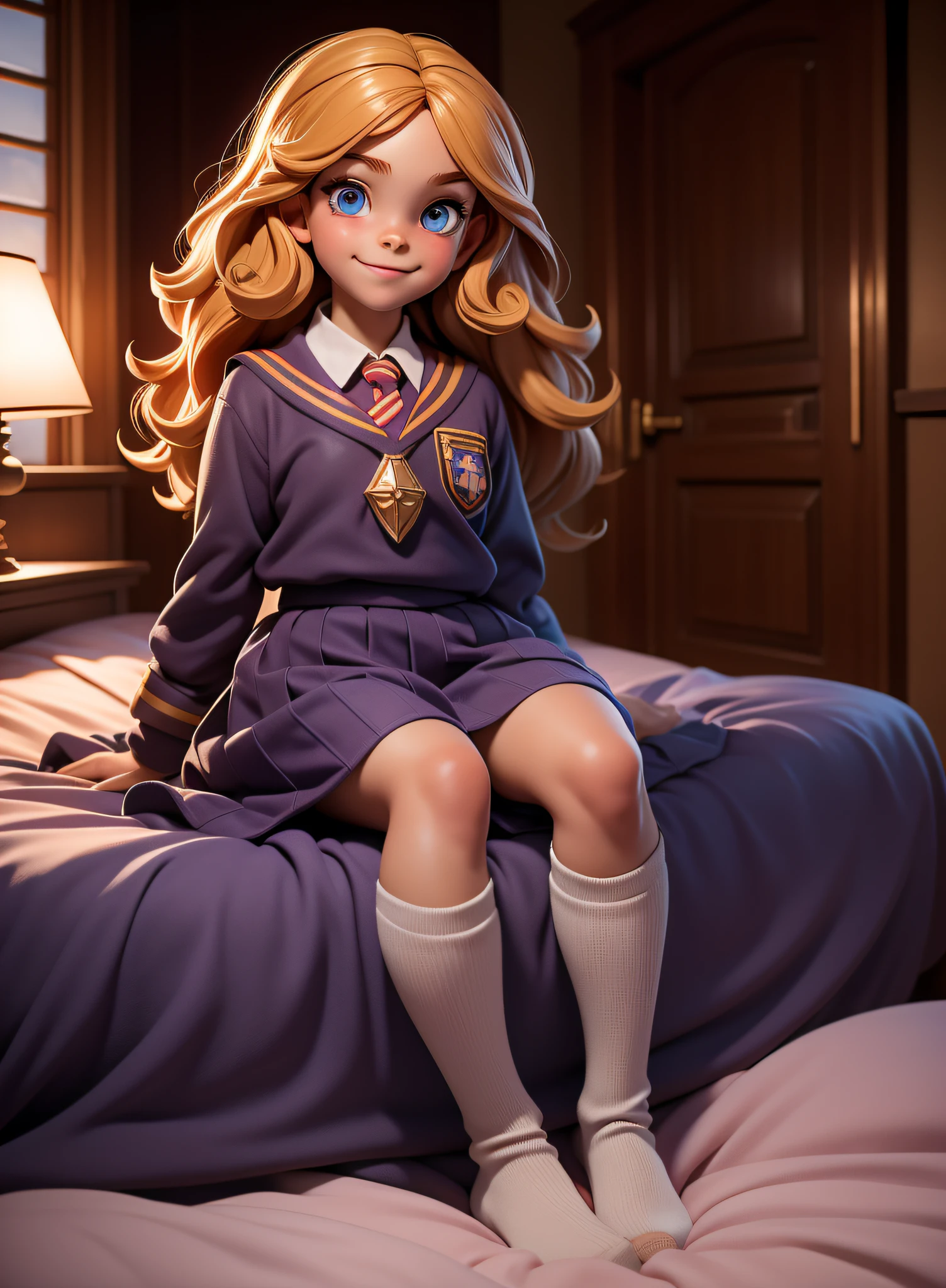 9yo, 1girl, child, solo, Hermione Granger, full body, solo, school uniform, beautiful face highly detailed and eyes, beautiful skin, bed room, shiney solar lighting, 9yo, 1girl, , solo, Hermione Granger, , beautiful skin, smile perfect anatomy, shiney solar lighting