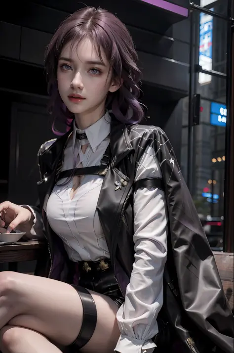 (photorealistic:1.4), raw photo, 1girl, purple eyes, purple hair, (eyewear on head), stellaron hunters outfit,  black jacket, ja...