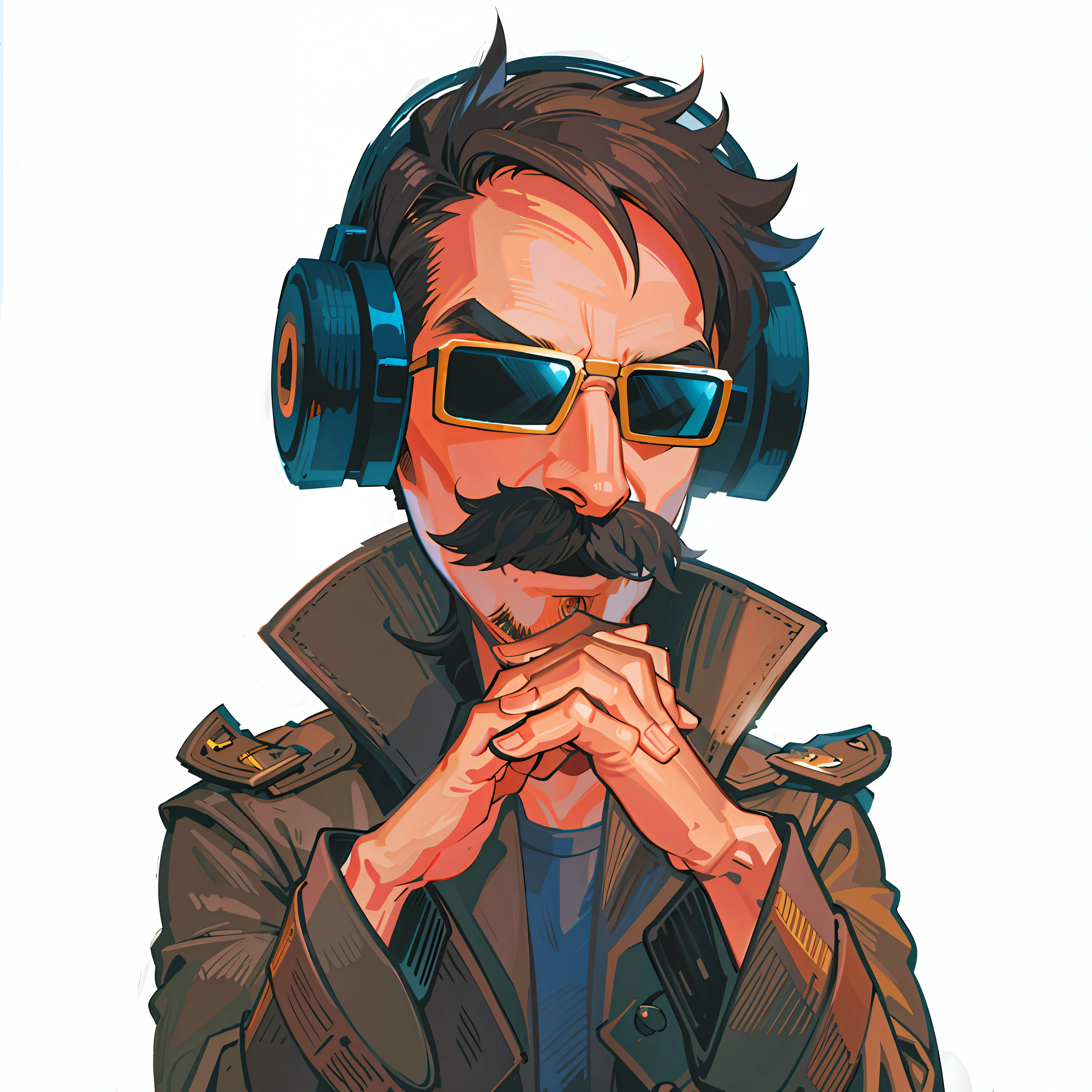 highres, highest quallity, illustration, cinematic light, ultra detailed, detailed face, (detailed eyes), male, best quality, hyper detailed, masterpiece, (detailed face), highest details, luminous eyes, big mustache, sun glasses, backlighting, light rays, (high contrast), (colorful),