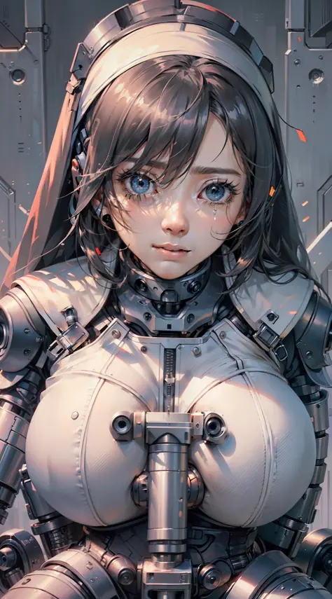 (((shy expression))),(tears in the eyes),(face close-up)),(perfect face), (nun suit), ((robotic arm)), (girl sitting on her knees), (aggrieved expression), (mech suit), (a girl), (masterpiece), breasts bigger than torso, huge breasts, (highest quality), (f...