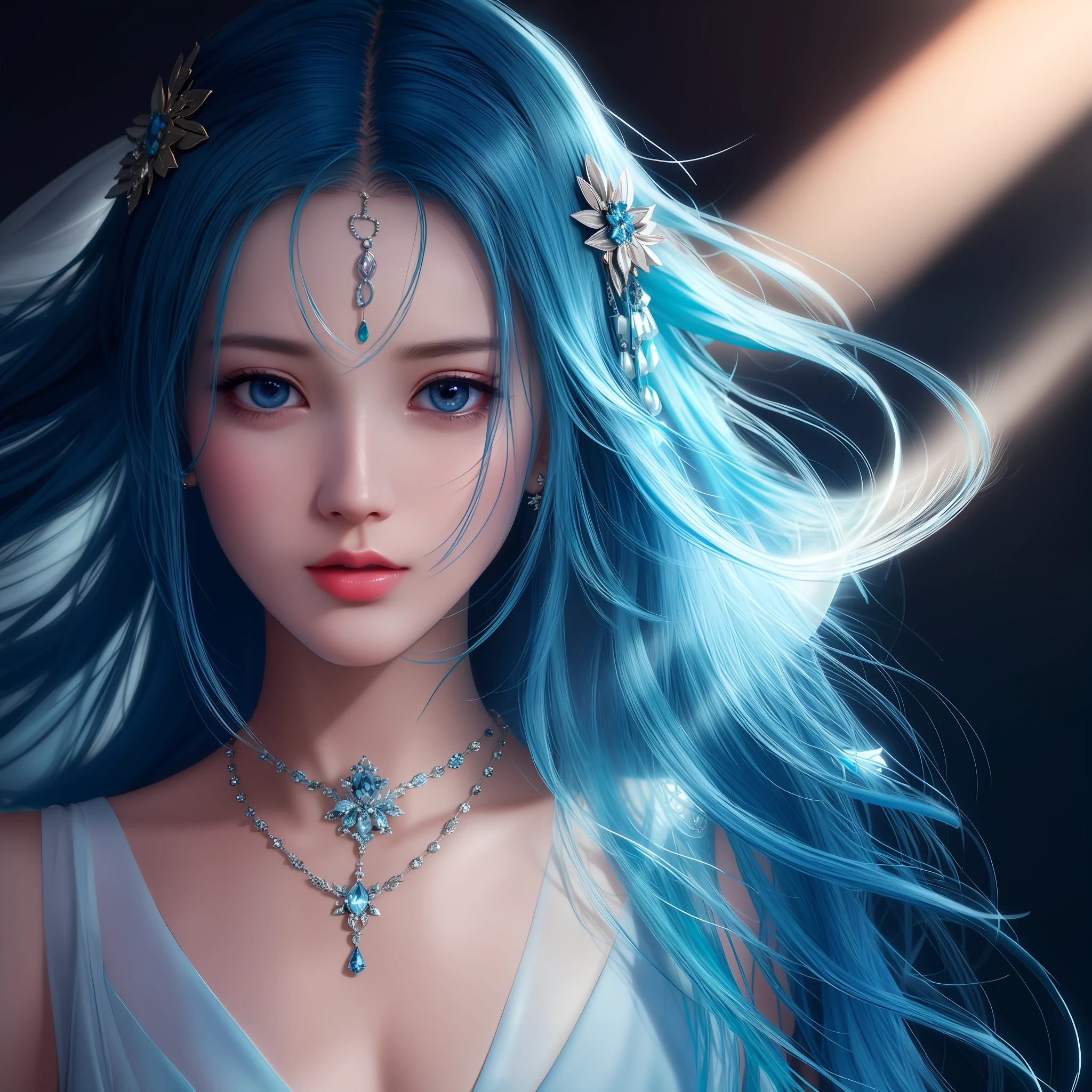 Best Quality, Masterpiece, High Resolution, 1Girl, Porcelain Dress, Blue Hair, Hair Accessories, Necklace, Jewelry, Beautiful Face, Body, Tyndall Effect, Realistic, Dark Studio, Edge Lighting, Two-tone Lighting, (High Detail Skin: 1.2), 8K UHD, DSLR, Soft Light, High Quality, Volumetric Light, Voyeur, Photo, High Resolution, 4K, 8K, Background Blur