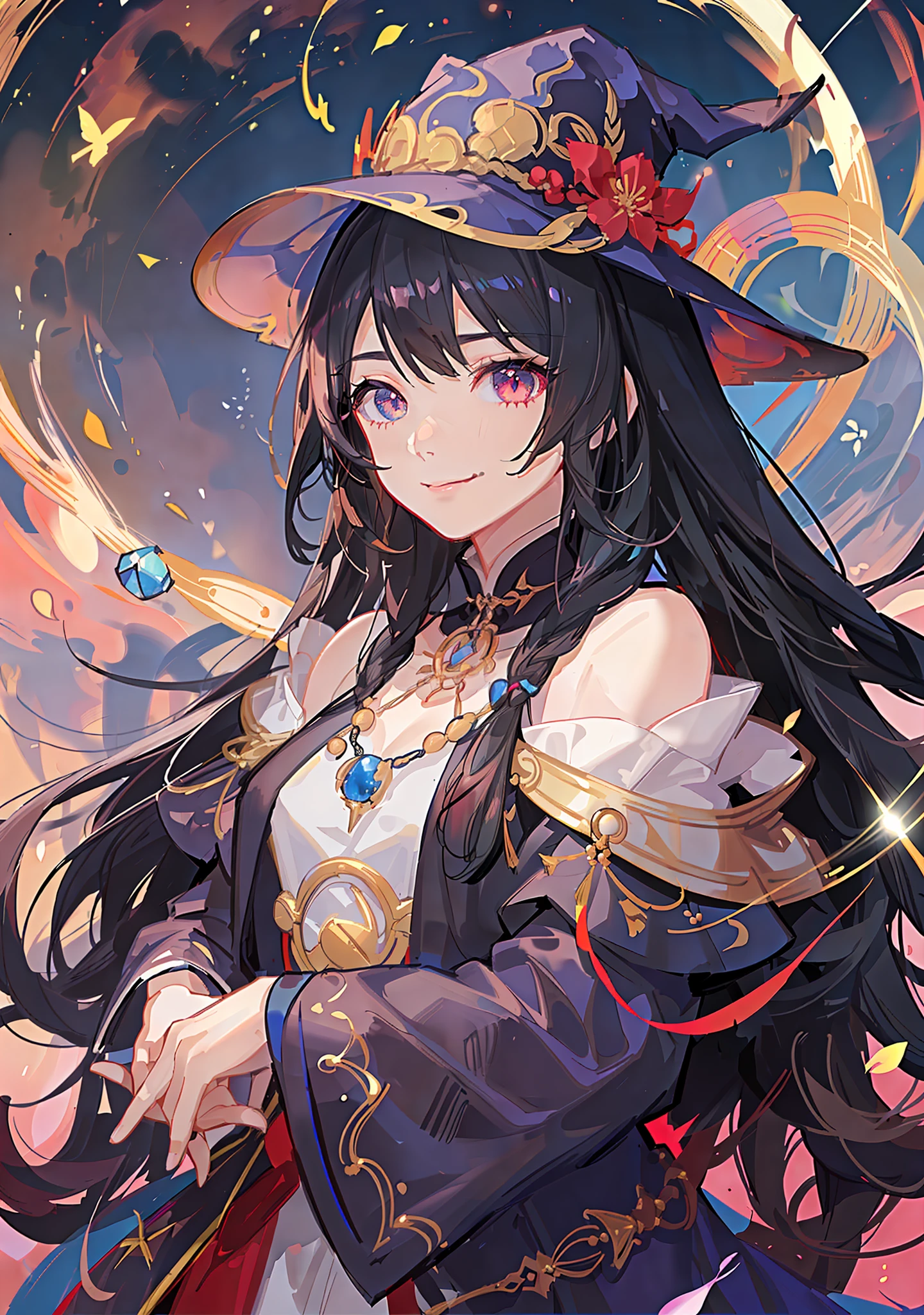 Girl, black hair, hair over shoulder, long hair, bead necklace, wizard hat, multicolored eyes, （fingersmile）, Gorgeous clothing, Surrealism, anime style, cinematic lighting, （character chart）, 8k, super detail