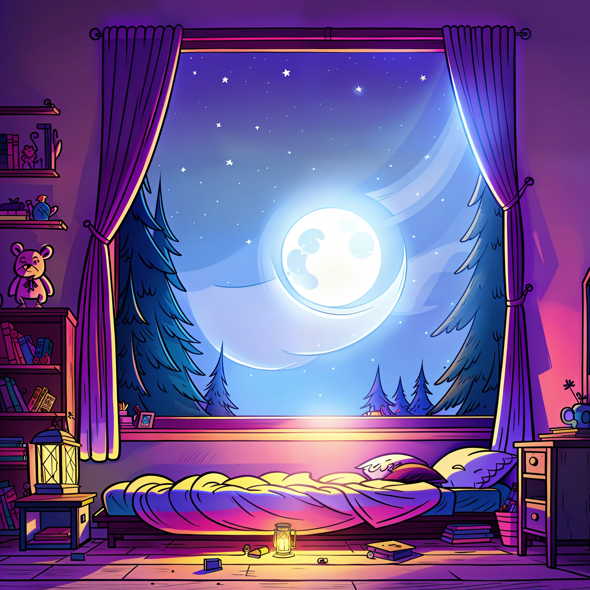 晚上舒适的卧室, 月光透过窗户照进来, 详细说明, 卡通片, 类似重力瀑布的风格,