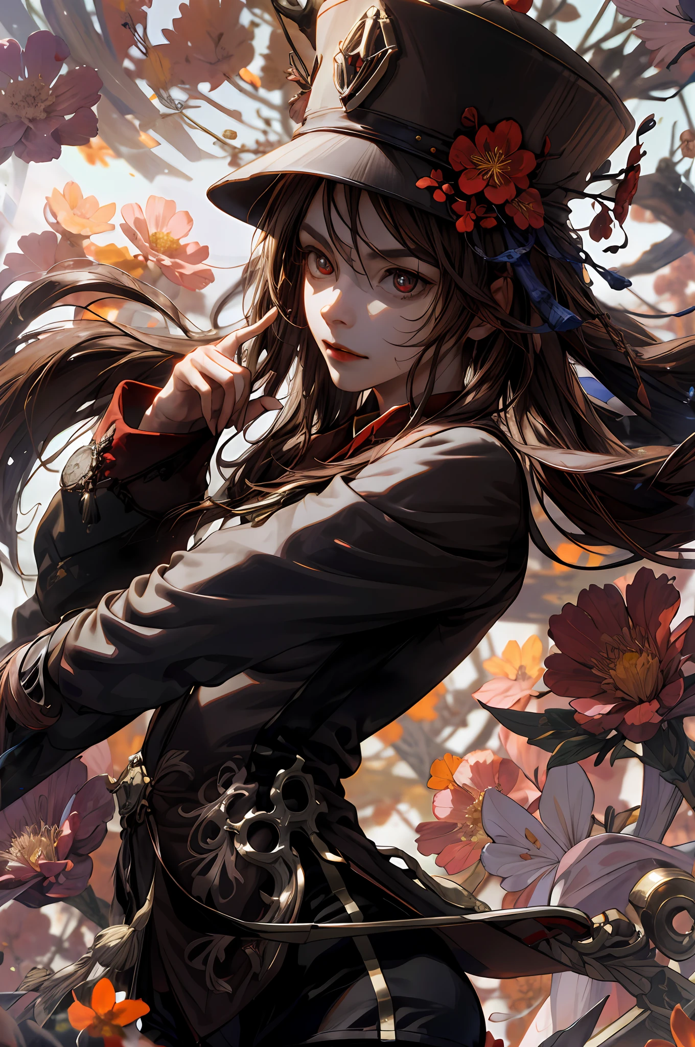 (absurdres, highres, ultra detailed), 1woman, finely detailed eyes and detailed face, extremely detailed CG unity 8k wallpaper, intricate details, solo, upper body, detailed background, close up, detailed face, dynamic pose, epic ethereal atmosphere, portrait, ((masterpiece)), surrounded by dried flowers, dried flowers everywhere, long brown hair, red eyes, brown chinese jacket with long sleeves, brown hat, black shorts, white socks