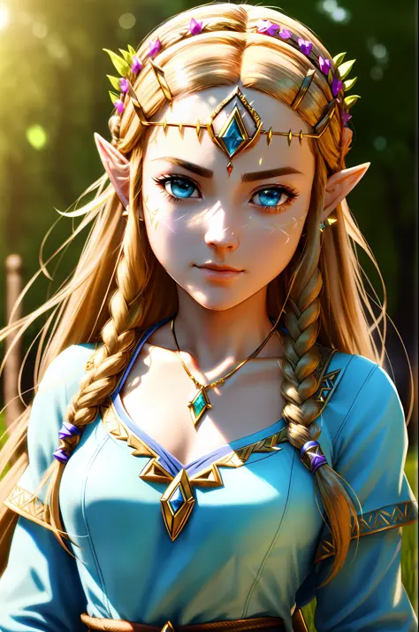 close-up of princess zelda standing in the field with necklace on her forehead, zelda ,beautiful detailed glow, detailed, cinema...