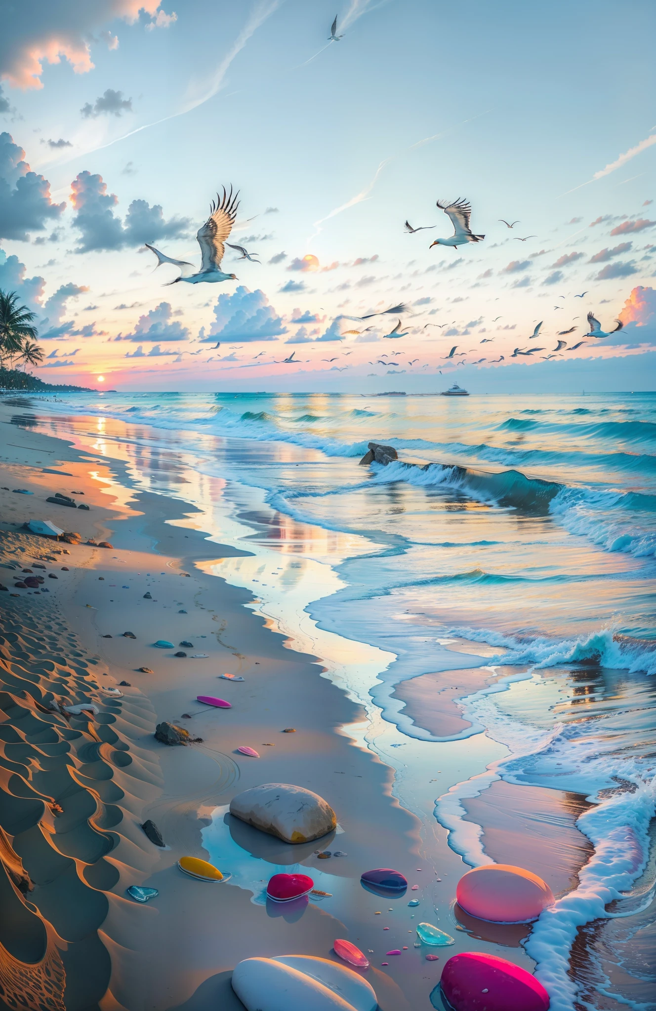 La playa está cubierta de coloridas piedras lisas transparentes.: 1.5, una puesta de sol absolutamente fascinante en la playa con una mezcla de naranja, rosa y amarillo en el cielo. El agua es cristalina., besando suavemente la orilla, y la playa de arena blanca se extiende hasta donde alcanza la vista. La escena es dinámica e impresionante., con gaviotas volando alto en el cielo y palmeras balanceándose suavemente. Empápate del ambiente relajante y deja que la tranquilidad te envuelva.
