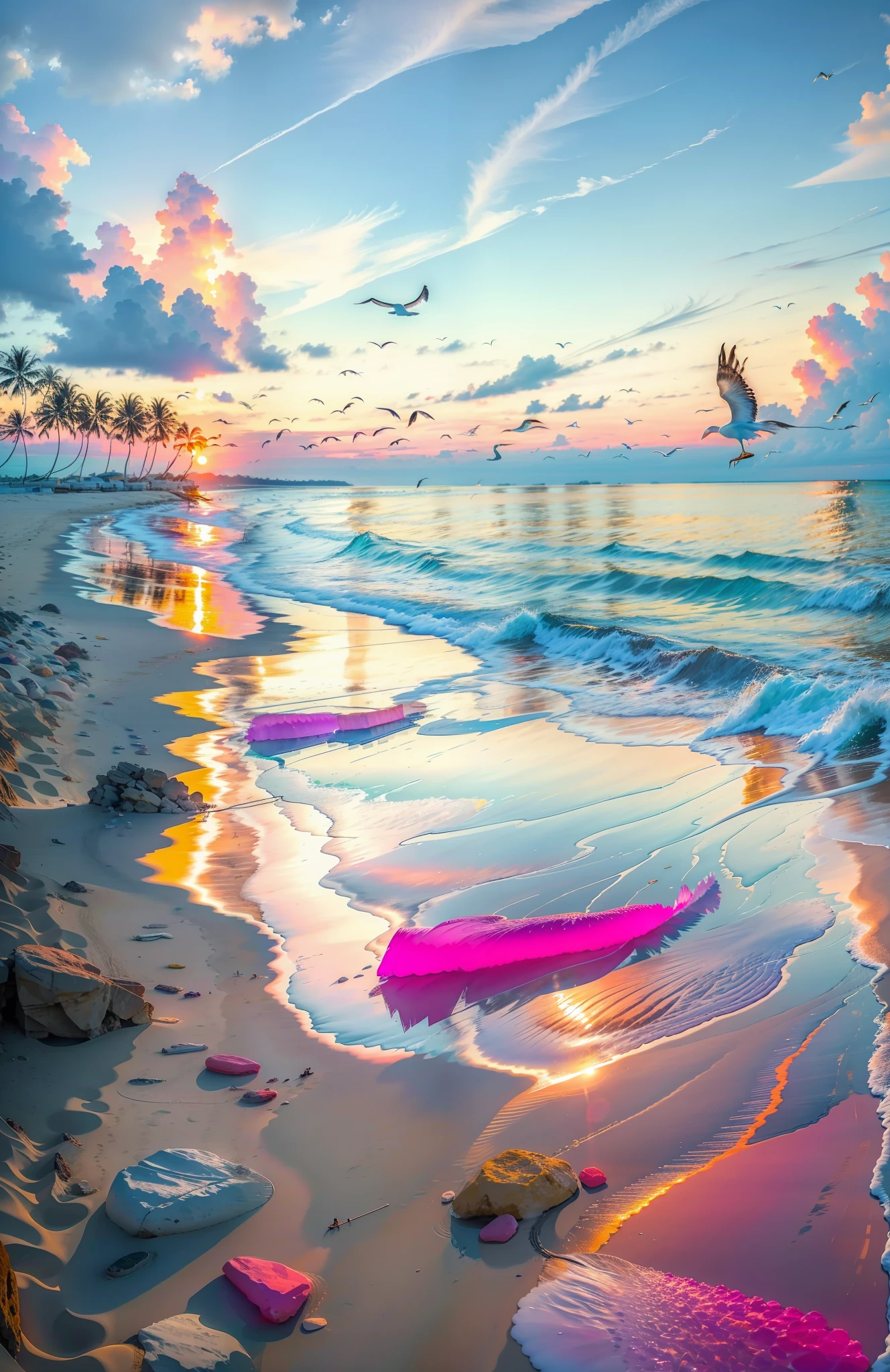 La playa está cubierta de coloridas piedras lisas transparentes.: 1.5, una puesta de sol absolutamente fascinante en la playa con una mezcla de naranja, rosa y amarillo en el cielo. El agua es cristalina., besando suavemente la orilla, y la playa de arena blanca se extiende hasta donde alcanza la vista. La escena es dinámica e impresionante., con gaviotas volando alto en el cielo y palmeras balanceándose suavemente. Empápate del ambiente relajante y deja que la tranquilidad te envuelva.