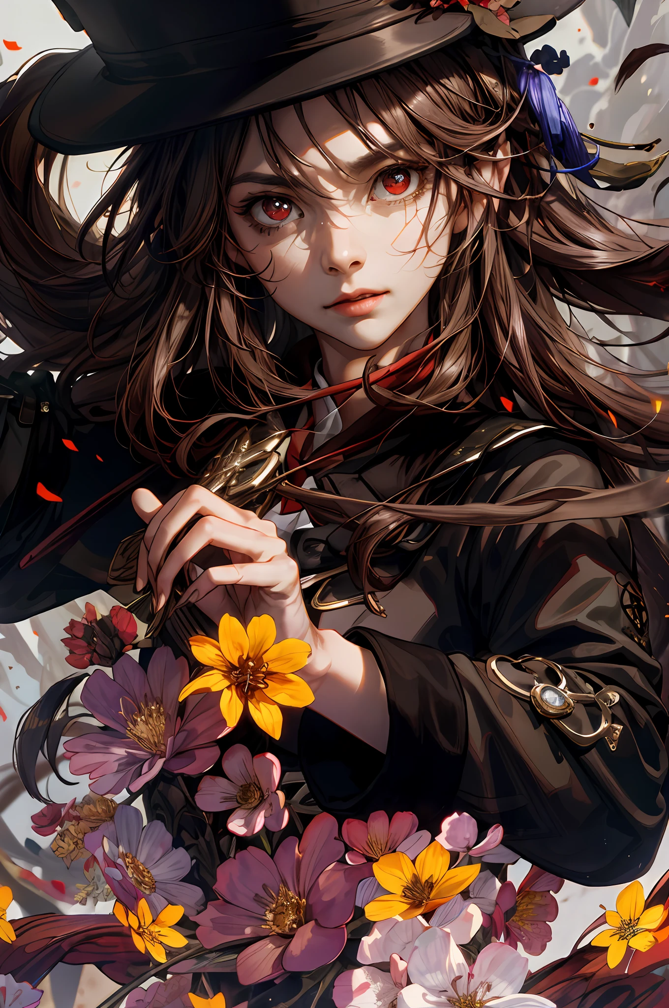 (absurdres, highres, ultra detailed), 1woman, finely detailed eyes and detailed face, extremely detailed CG unity 8k wallpaper, intricate details, solo, upper body, detailed background, close up, detailed face, dynamic pose, epic ethereal atmosphere, portrait, ((masterpiece)), surrounded by dried flowers, dried flowers everywhere, long brown hair, red eyes, brown chinese jacket with long sleeves, brown hat, black shorts, white socks