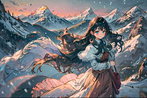 best quality, masterpiece, extremely detailed, detailed background, 1girl, solo, black hair, blue eyes,  long hair, wavy hair, fluffy hair, blush, smile, capelet, lace trim, bodice, winter, mountains, beautiful, snow, scenery, high place, horizon, wind, wi...