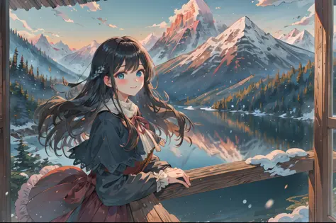 best quality, masterpiece, extremely detailed, detailed background, 1girl, solo, black hair, blue eyes, long hair, wavy hair, fluffy hair, blush, smile, capelet, lace trim, bodice, winter, mountains, beautiful, scenery, high place, horizon, wind, wind blow...