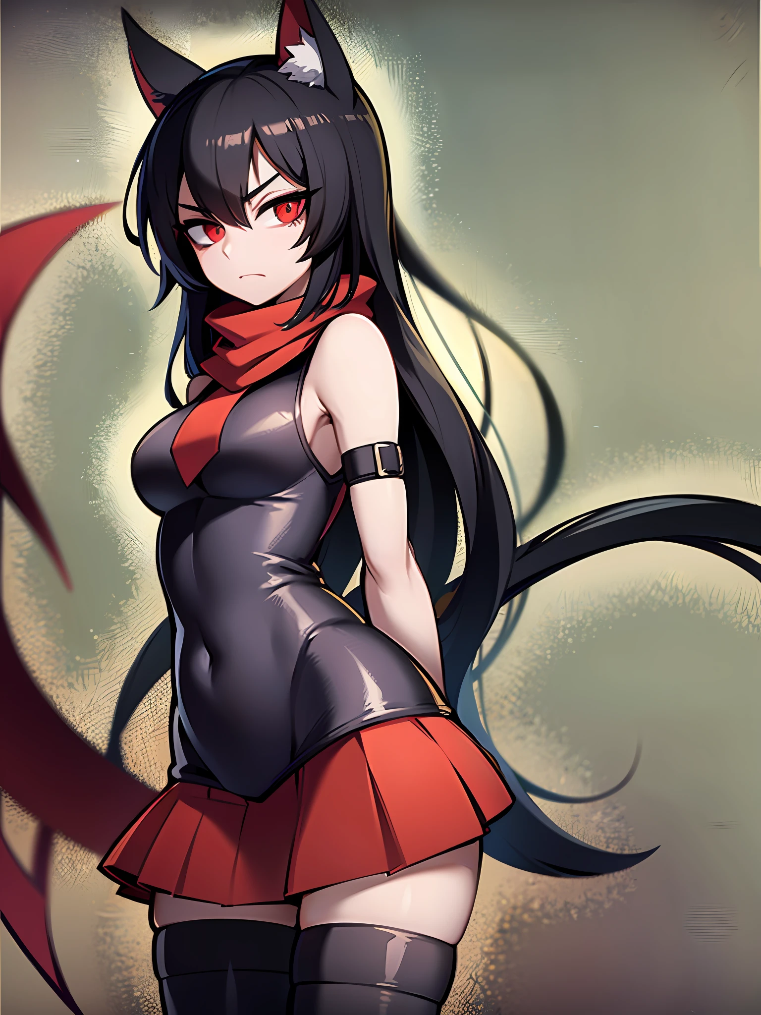 nekomimi girl, kunoichi, detailed arms, elongated arms, cat ears, tail, tall woman, black hair, red eyes, detailed hands, detailed feet, high quality colored sketch, red background, ultra detailed, 8k resolution, brown leather vest, brown skirt, no shoes, standing, red scarf, ninja accessories, deep shadows, sharp focus, yandere, dynamic angle, sadistic expression,  empty eyes