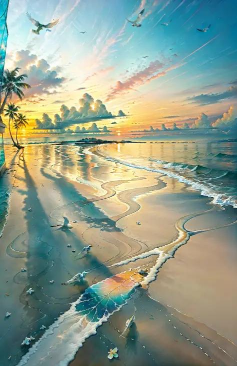 The beach is covered with colorful transparent smooth stones: 1.5, an absolutely mesmerizing sunset on the beach with a mix of orange, pink and yellow in the sky. The water is crystal clear, gently kissing the shore, and the white sand beach stretches as f...