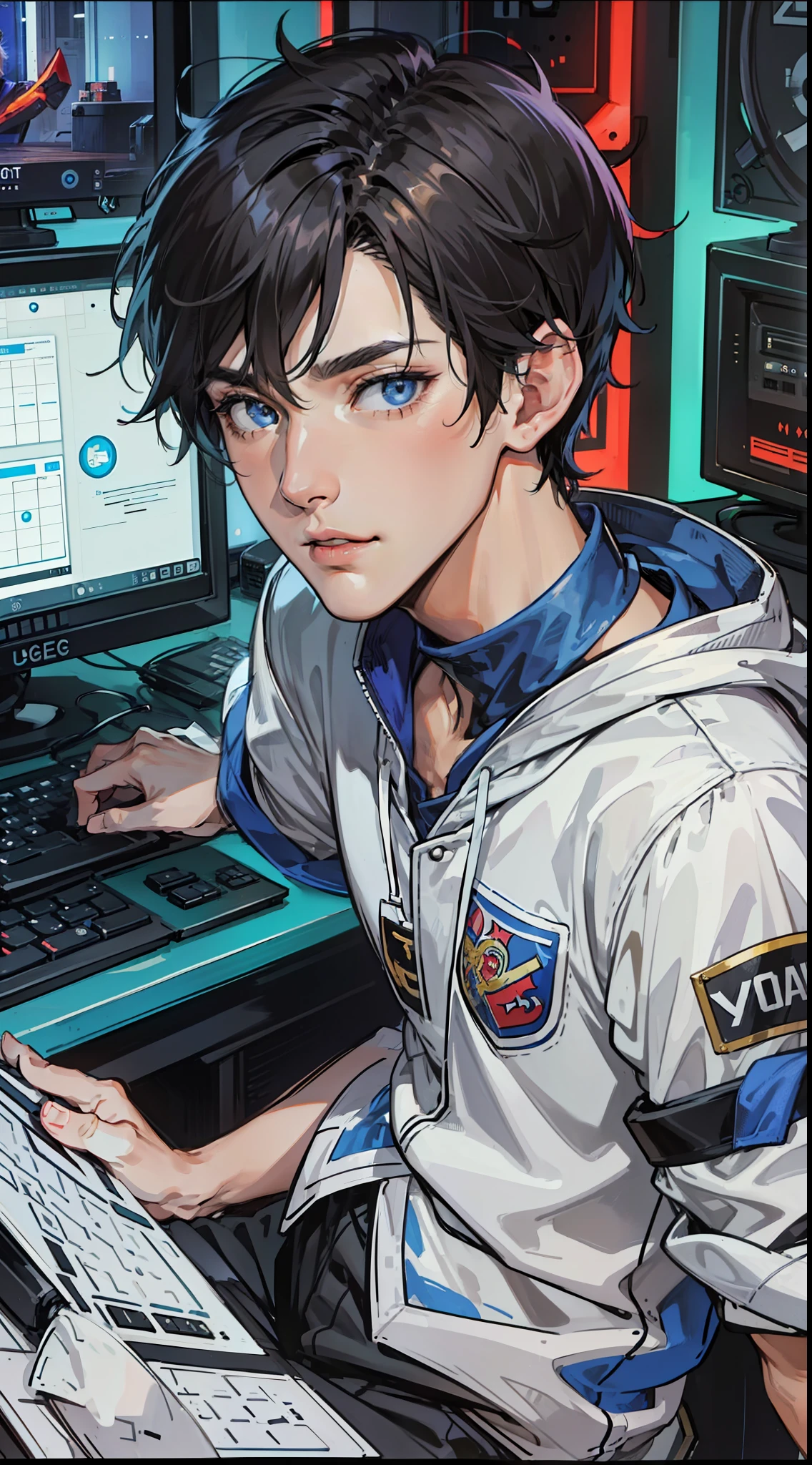 Best quality: 1.0), (Super High Resolution: 1.0), Anime boy, short black hair, blue eyes, sitting in front of computer playing games, background in esports room,