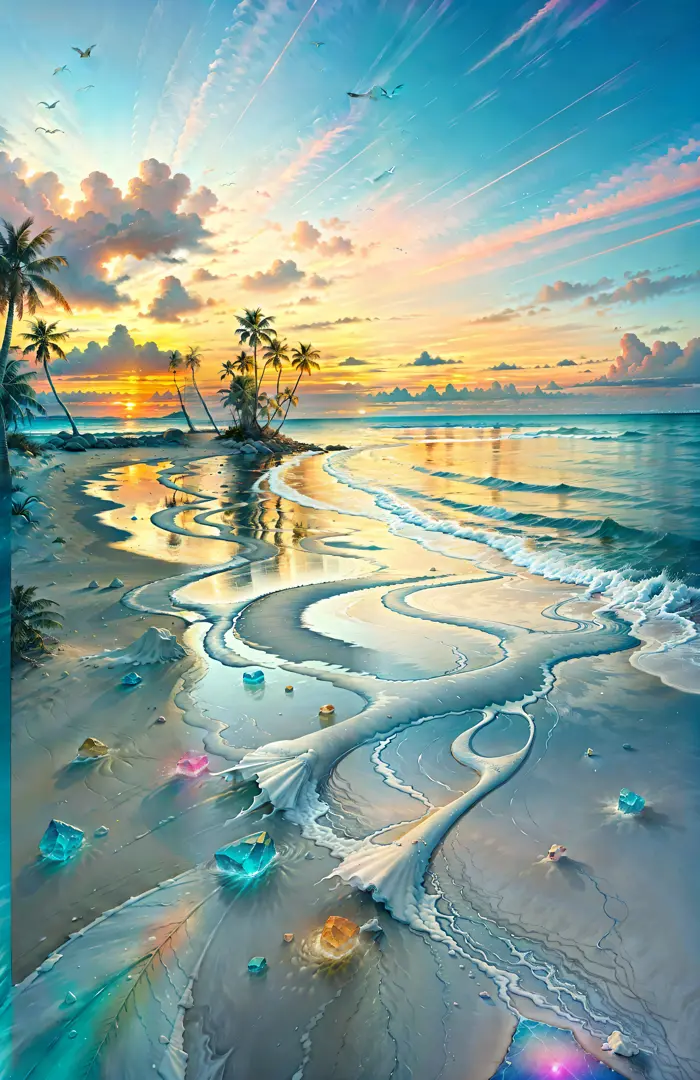 The beach is covered with colorful transparent smooth stones: 1.5, an absolutely mesmerizing sunset on the beach with a mix of orange, pink and yellow in the sky. The water is crystal clear, gently kissing the shore, and the white sand beach stretches as f...