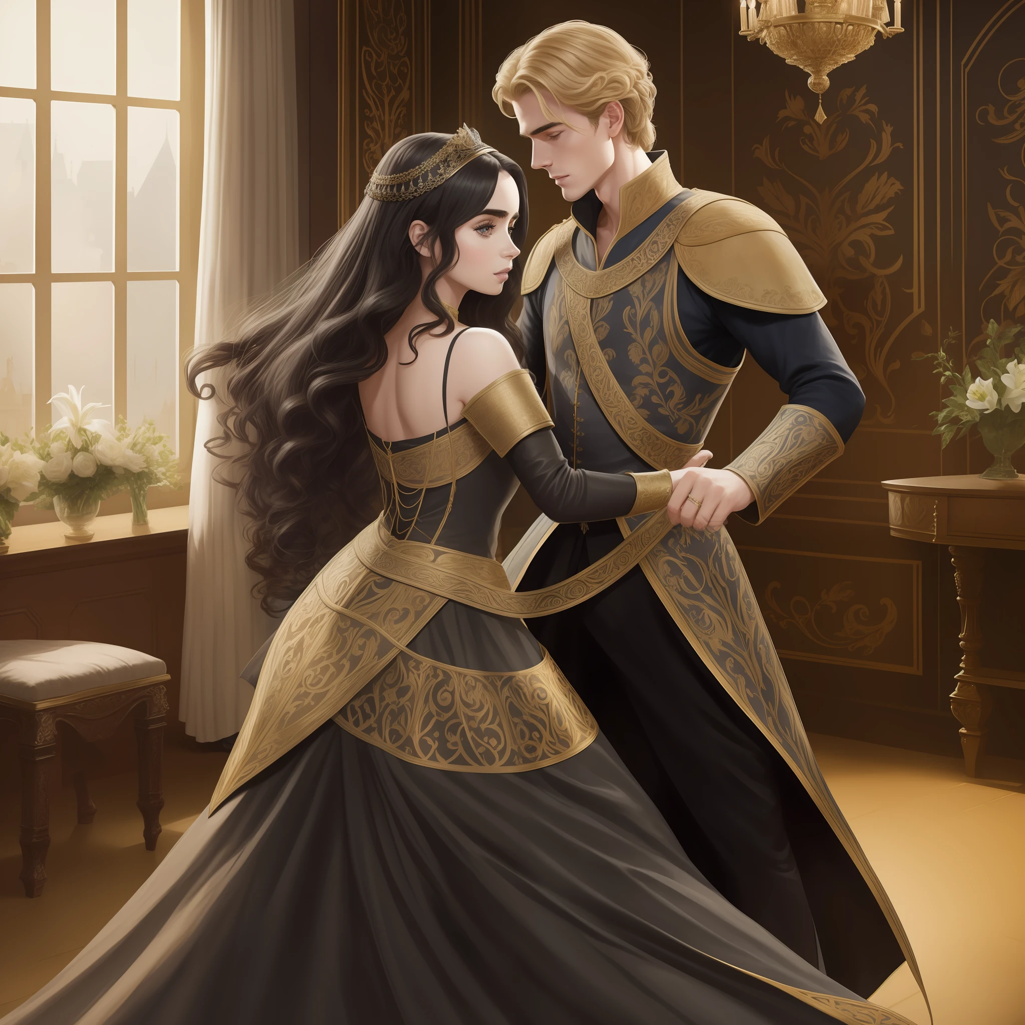 Lily Collins, who has curly black hair, wears a medieval dress. the Neels Visser wears a medieval military outfit and has blonde hair. The couple is waltzing in the ballroom. The illustration is like a book cover with a detailed, bright, illuminated, ultra detailed background, conceptual art, elegant, art by Aykut Aydogdu