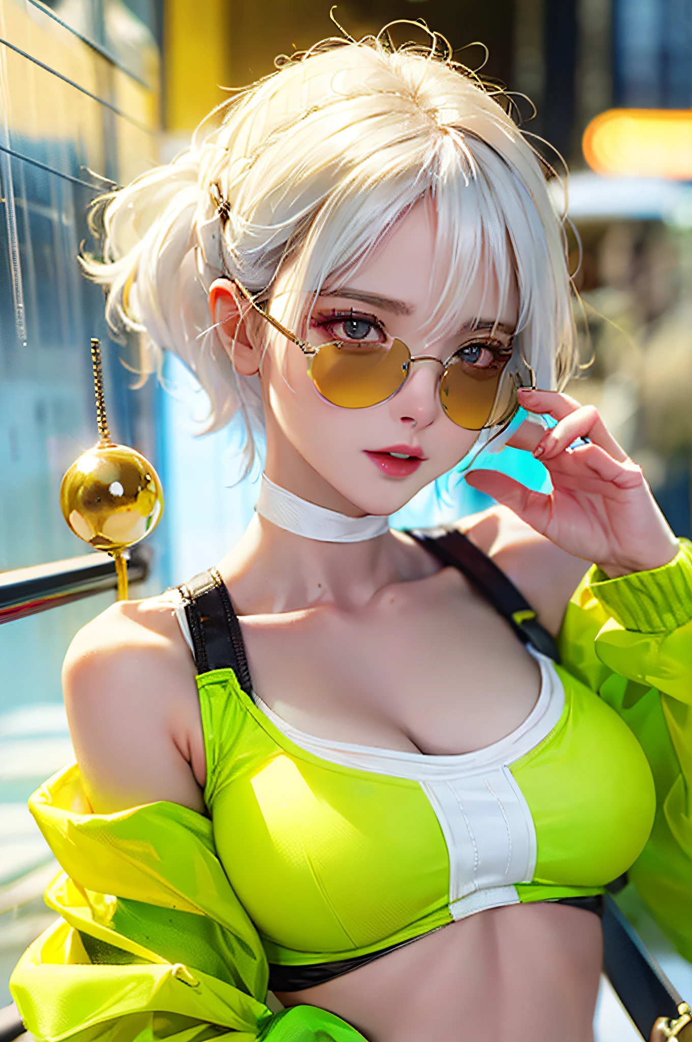 Glasses, from_above, crop top of the navel top, detailed face, yellow vest with white hair, snow white skin, 1 girl, personality sunglasses, woman, bright colors, bokeh background, stressed subject, dramatic colors, raindrops, big breasts, 8k, best picture quality