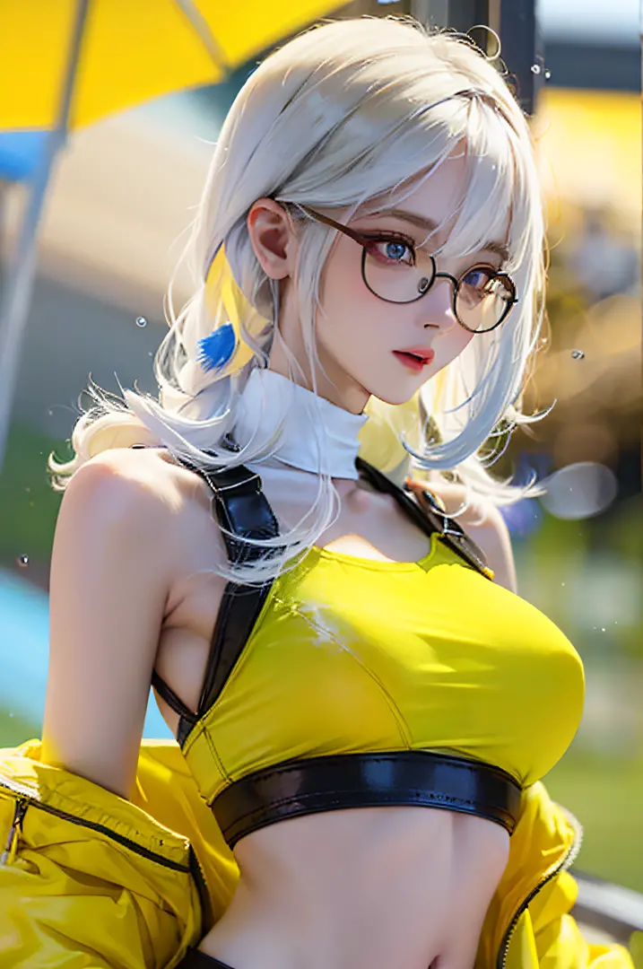 Glasses, from_above, crop top of the navel top, detailed face, yellow vest with white hair, snow white skin, 1 girl, personality...