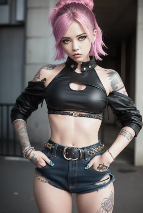 raw photo of an incredibly pretty young woman, a street punk delinquent dressed in punk-style, provocative clothes. sexy, violen...