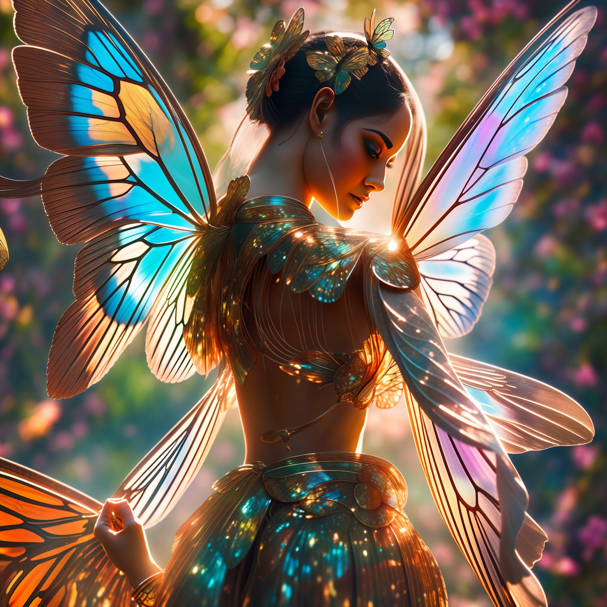 Create an engaging scene in the background of a serene garden, with rich textures. In the center, there is a woman with delicate features, appearing fragile yet exuding remarkable elegance. She is standing, looking upwards, while butterfly wings gracefully unfurl from her back. The image, with an 8K resolution, allows for capturing every detail with extreme clarity and color richness. Carefully represented textures enhance the visual experience. Sunlight bathes the scene, creating a luminous and inspiring context. This image invites the viewer to witness the moment when the woman embraces her transformation and finds  through butterfly wings.
