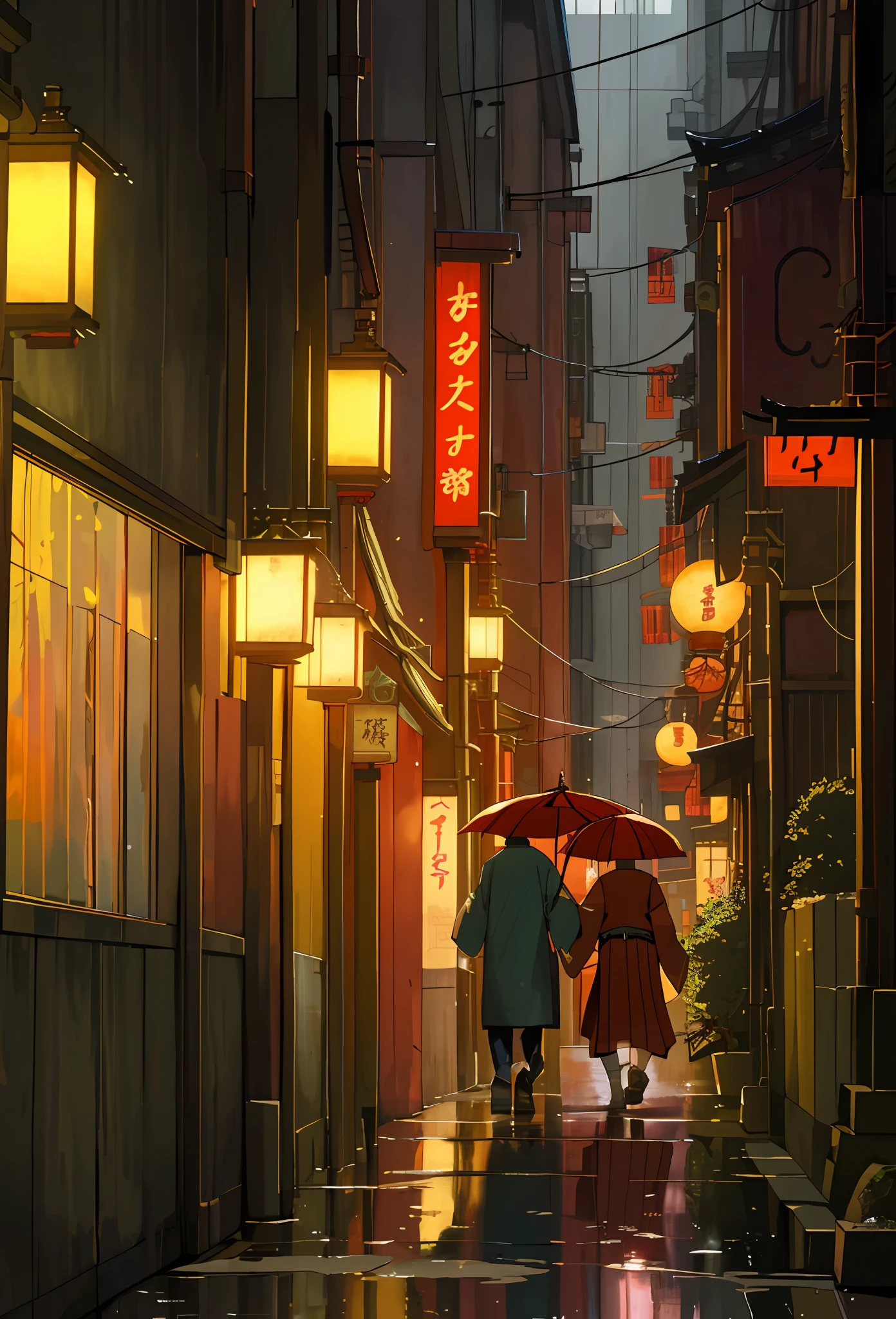 people walking down a narrow street lined with shops and restaurants, tokyo izakaya scene, japanese street, in the streets of tokyo, in a tokyo street, tokyo alleyway, in a japanese town at night, tokyo street, japanese downtown, cyberpunk streets in japan, japanese city at night, quiet tokyo alley at night, in tokyo at night, japan at night, ((Top Quality, 8k, masterpiece: 1.3)), rainy, ((water puddle: 1.3)), Futuristic, sunset
