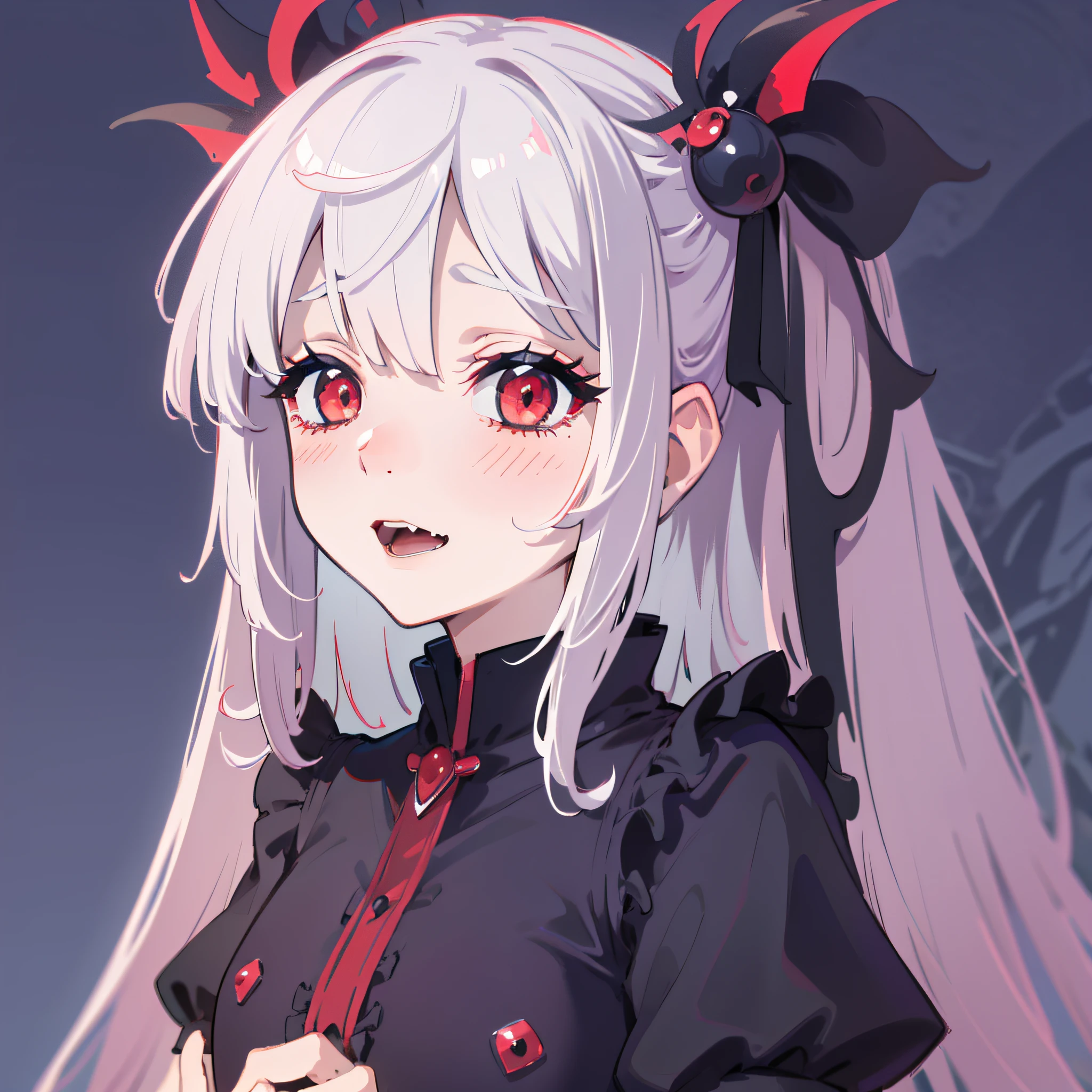 ((cute + loli + vampire + black and red color scheme), white hair: 0.9, ultra-detailed, kawaii dynamic pose, ultra-detailed clothing, twilight, blue background)