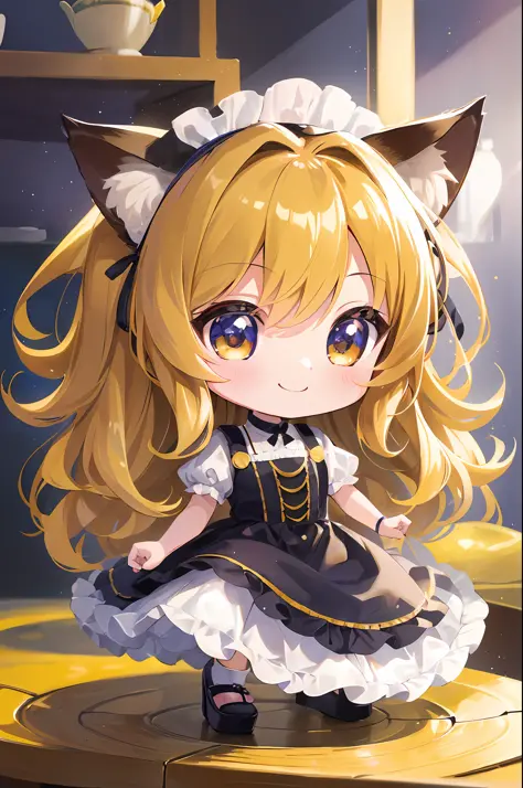 (Chibi Chibi: 1.3), Solo, full body, wearing yellow maid clothes, highly detailed face, (smile: 1.2), lively, gravure pose, beau...