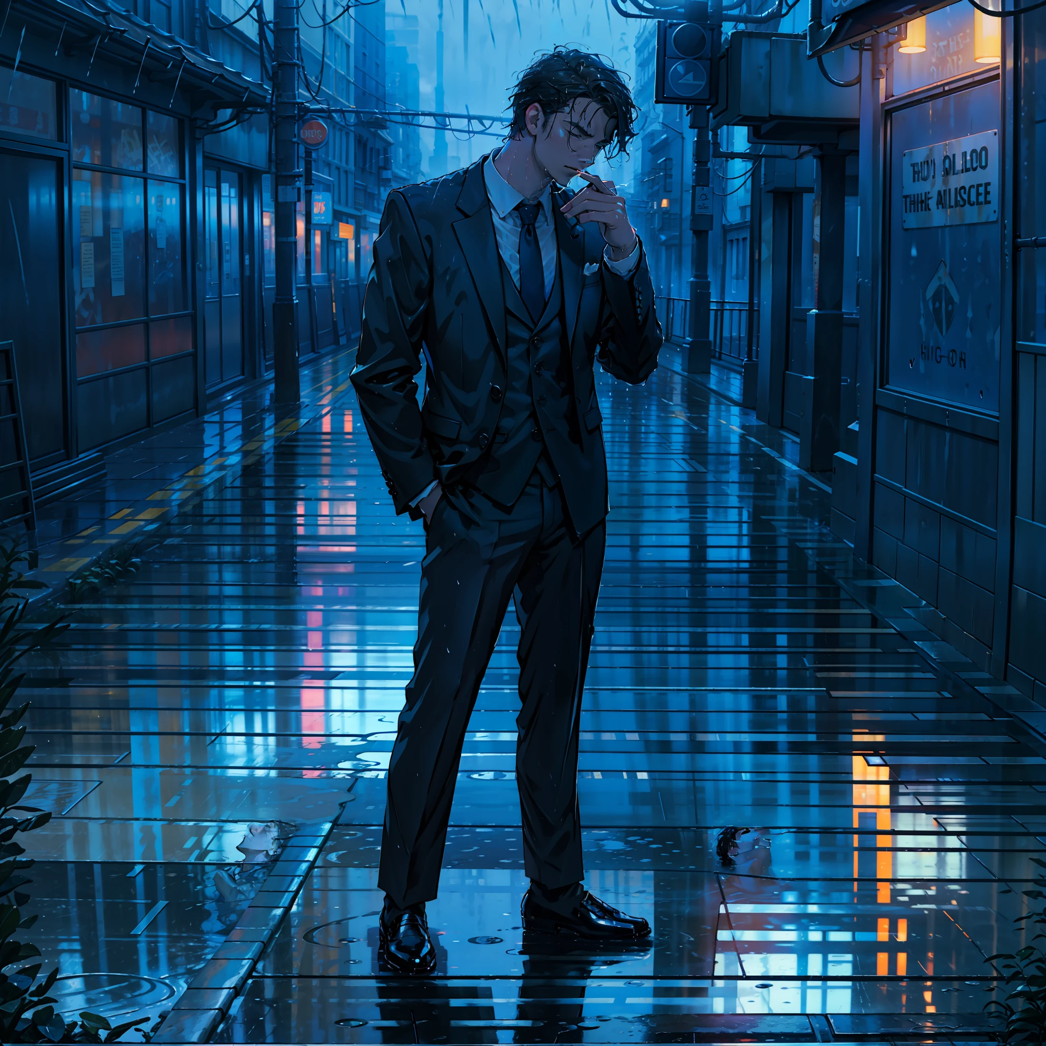 (a masterpiece), exceptional quality, in the rain, lonely, man in suit smoking (cigarette), looking up, slightly wet floor, reflection, neons." → "(a masterpiece), exceptional quality, in the rain, lonely, man in suit smoking (cigarette), looking up, slightly wet floor, reflection, neons:1.3".