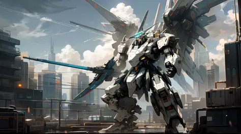 sky, cloud, holding_weapon, no_humans, glowing, , robot, building, glowing_eyes, mecha, science_fiction, city, realistic,mecha, combat aircrafts in sky