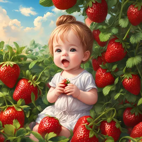A little baby in the strawberry garden, ripe strawberries, sun, fun, dynamic light, cartoon style, 
digital painting, high quali...