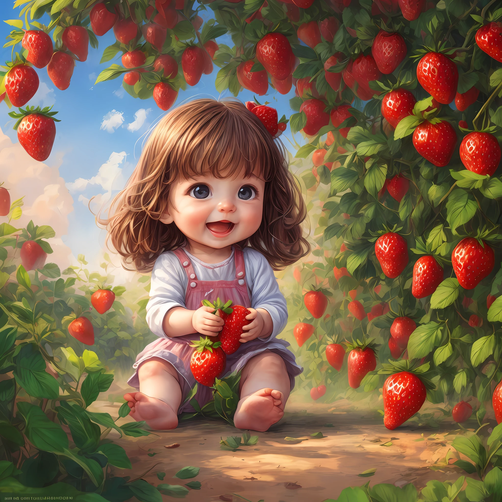 草莓園裡的小寶寶, 成熟的草莓, 太陽, 樂趣, 動態光, 卡通風格, 
數位繪畫, 高品質, 8k --自動 --s2