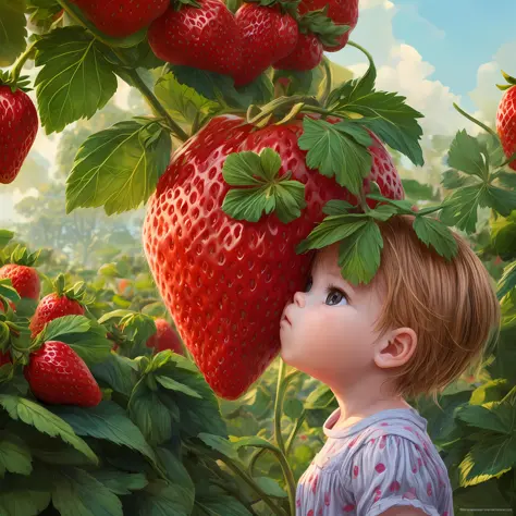 a little baby in the strawberry garden, ripe strawberries, sun, fun, dynamic light, cartoon style, 
digital painting, high quali...