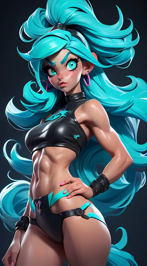 ((Best Quality)), ((Masterpiece)), ((Realistic)) and ultra-detailed photography of a 1nerdy girl with goth and neon colors. She has ((turquoise hair)), wears a small skimpy black thong, bare shoulders. naked body., ((beautiful and aesthetic)), muscular fit...