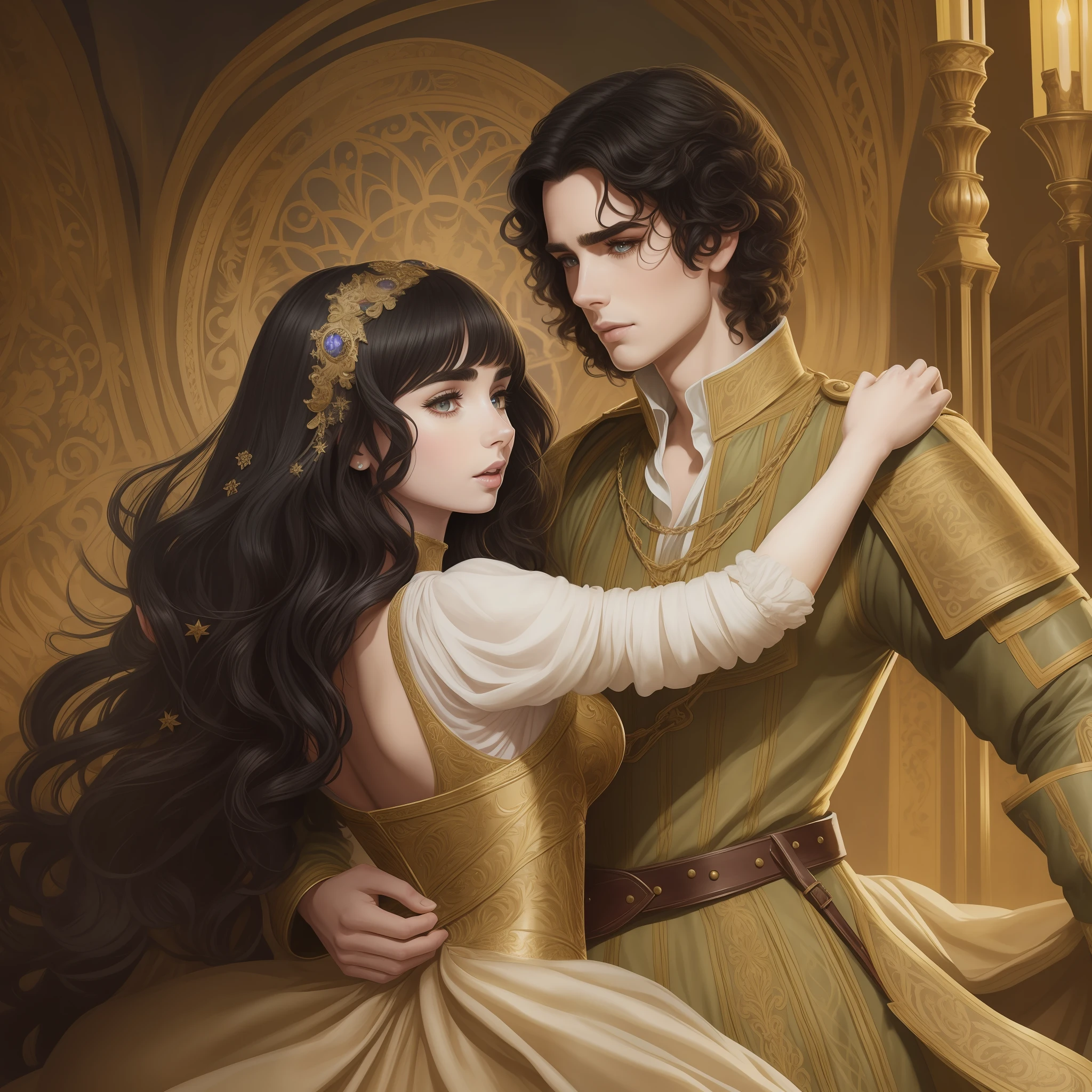 Lily Collins, who has curly black hair, wears a medieval dress. the Neels Visser wears a medieval military outfit and has blonde hair. The couple is waltzing in the ballroom. The illustration is like a book cover with a detailed, bright, illuminated, ultra detailed background, concept art, elegant, art by Justin Gerard