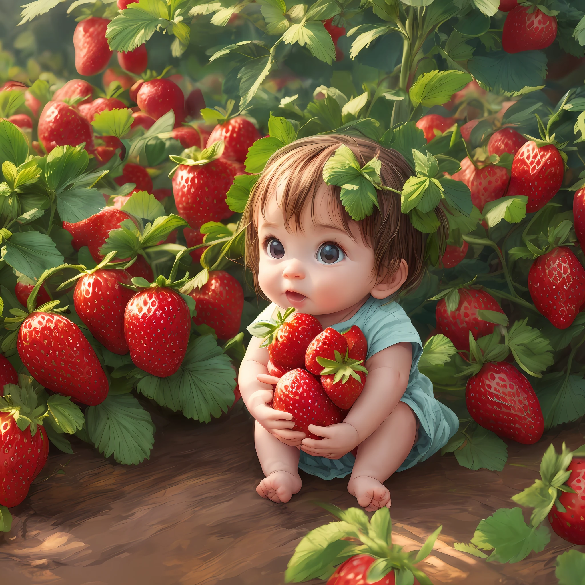 طفل صغير في حديقة الفراولة, الفراولة الناضجة, شمس, هزار, ضوء ديناميكي, نمط الرسوم المتحركة, 
اللوحة الرقمية, جودة عالية, 8 كيلو - تلقائي - s2