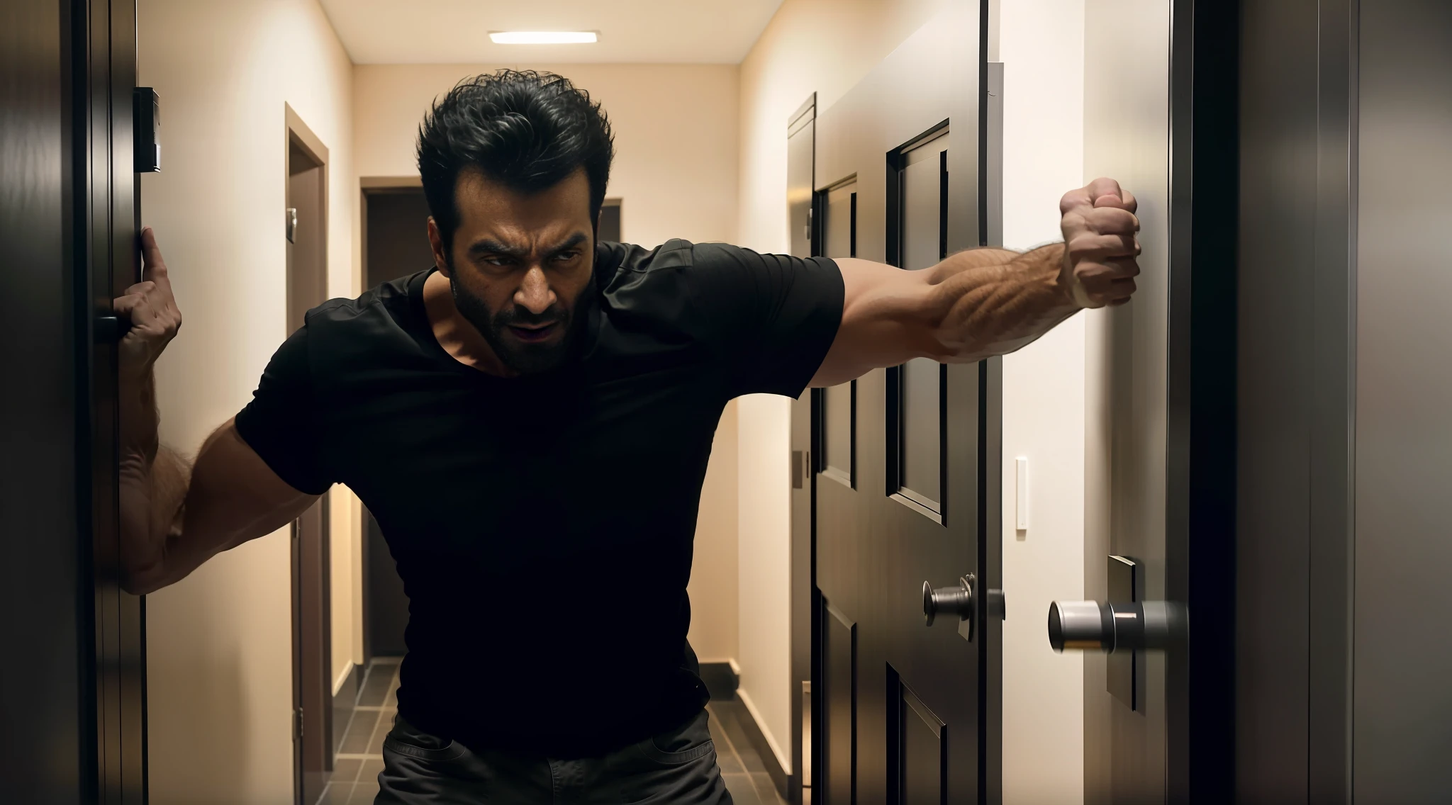 arafed man in a black shirt is standing in a hallway, about to enter doorframe, dramatic cinematic action shot, man standing in defensive pose, dramatic action shot, cinematic action shot, movie still of a snarling, dramatic action pose, menacing pose, scary angry pose, shot from movie, forcing him to flee, in a menacing pose