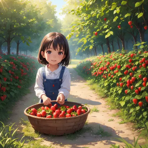 Little child in strawberry garden, ripe strawberries, sunshine, fun, dynamic light, realistic, 
digital painting, high quality, 8K --auto --s2