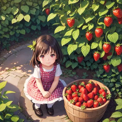 Little child in strawberry garden, ripe strawberries, sunshine, fun, dynamic light, realistic, 
digital painting, high quality, 8K --auto --s2
