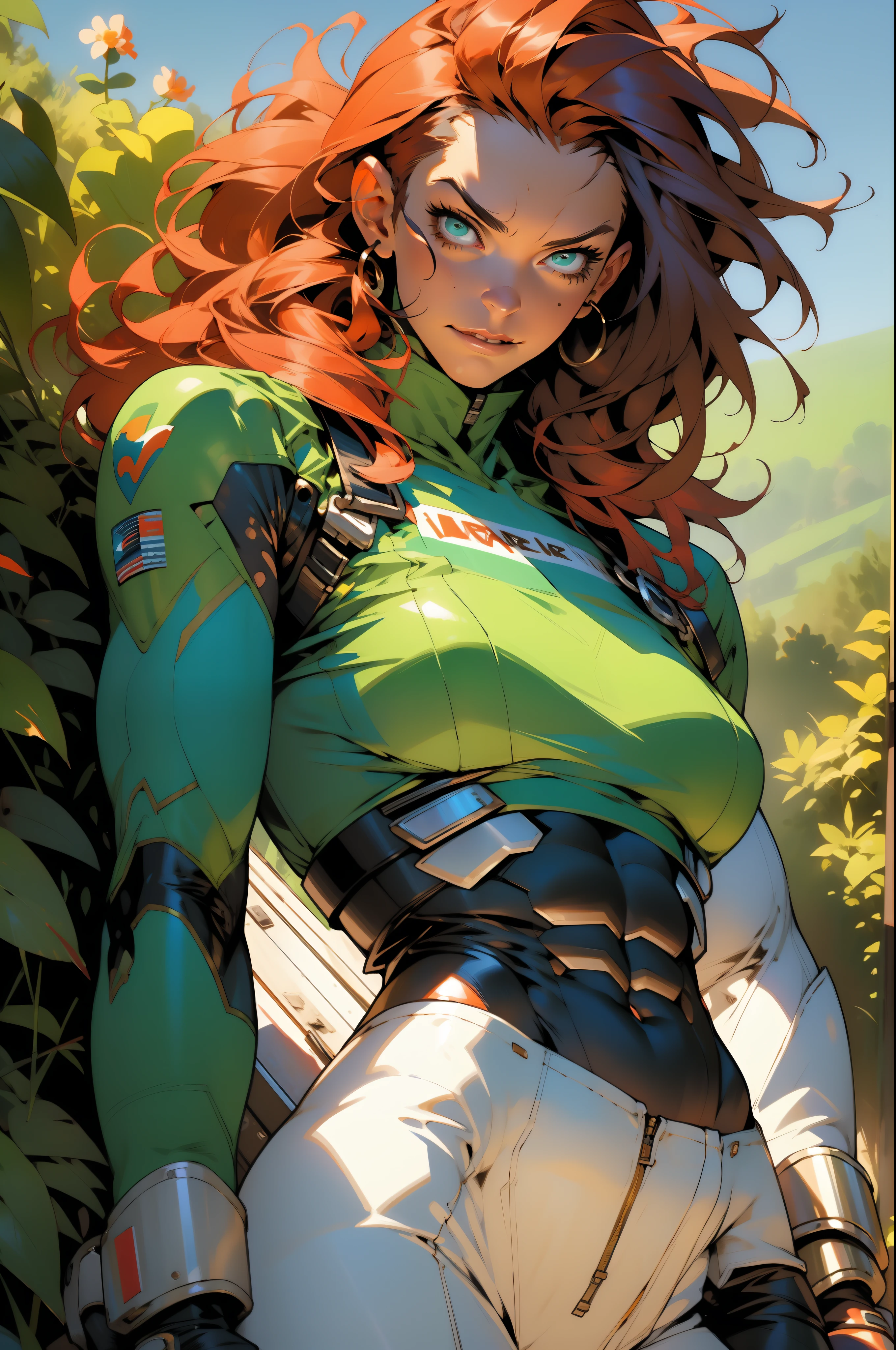 (((Simon Bisley))), Mature woman 35 years muscular gorgeous, giant robot pilot, wild with perfect body, wearing little clothes, tiny thong, hoarse with the colors of the flag of Ireland, sensual pose, pose with attitude, add movements, large breasts, technological scenery