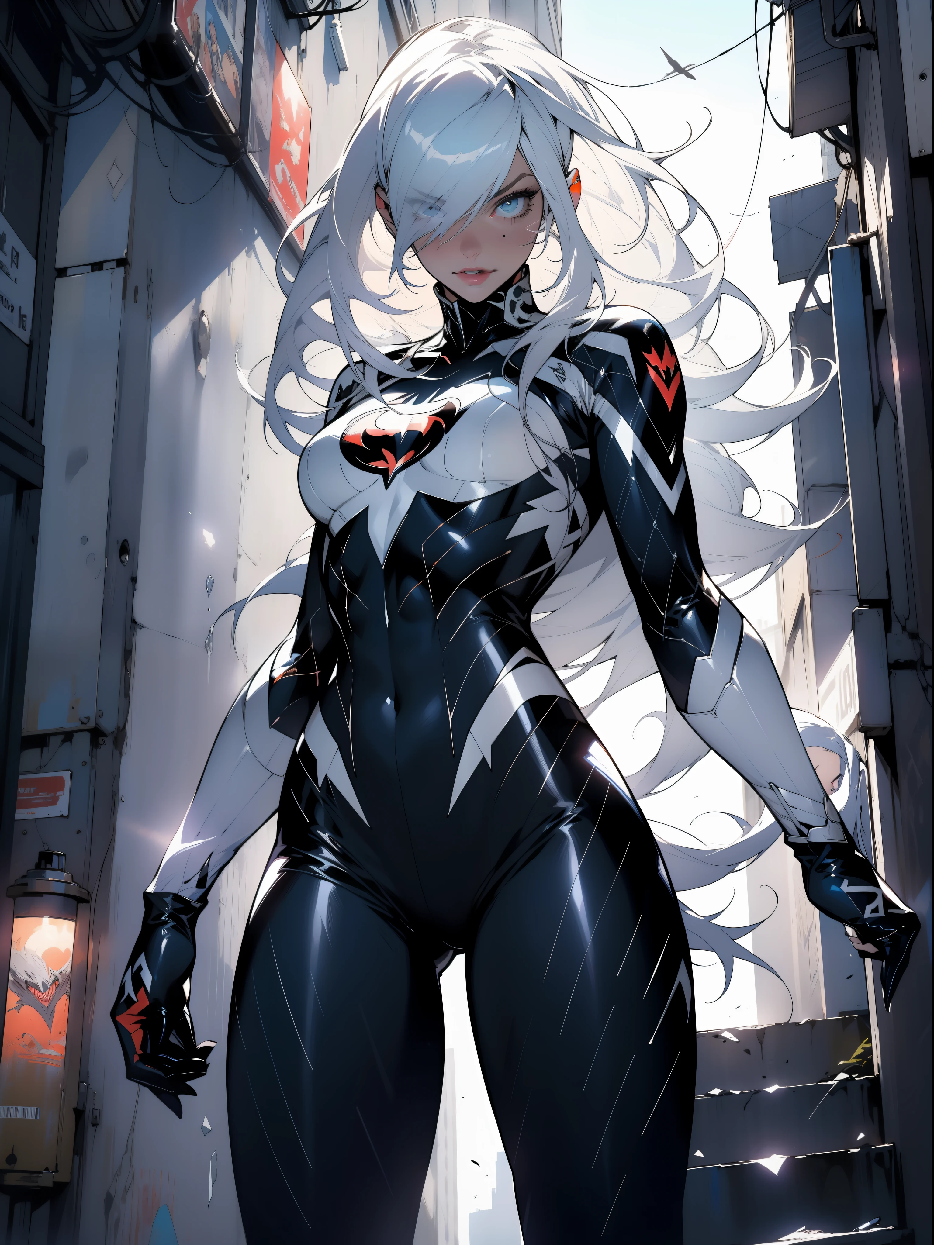 Margot Robbie (Meisterwerk, 4K-Auflösung, ultra-realistisch, Sehr detailiert), (Weißes Superheldenthema, charismatisch, Da ist ein Mädchen auf dem Dach der Stadt, trägt Venom-Kostüm, Sie ist eine Superheldin), [ ((35 Jahre), (langes weißes Haar:1.2), Ganzkörper, (blaue Augen:1.2), ((Giftpose),Machtdemonstration, von einem Gebäude zum anderen springen), ((sandige städtische Umgebung):0.8)| (Stadtbild, in der Nacht, Dynamische Lichter), (Vollmond))] # Erläuterung: Der Prompt beschreibt hauptsächlich ein 4K-Gemälde mit ultrahoher Auflösung, sehr realistisch, Sehr detailiert. Es zeigt eine Superheldin an der Spitze der Stadt, trägt ein Venom-Kostüm. Das Thema des Gemäldes ist ein weißes Superheldenthema, the female protagonist has langes weißes Haar, is 35 Jahre old and her entire body is shown in the painting