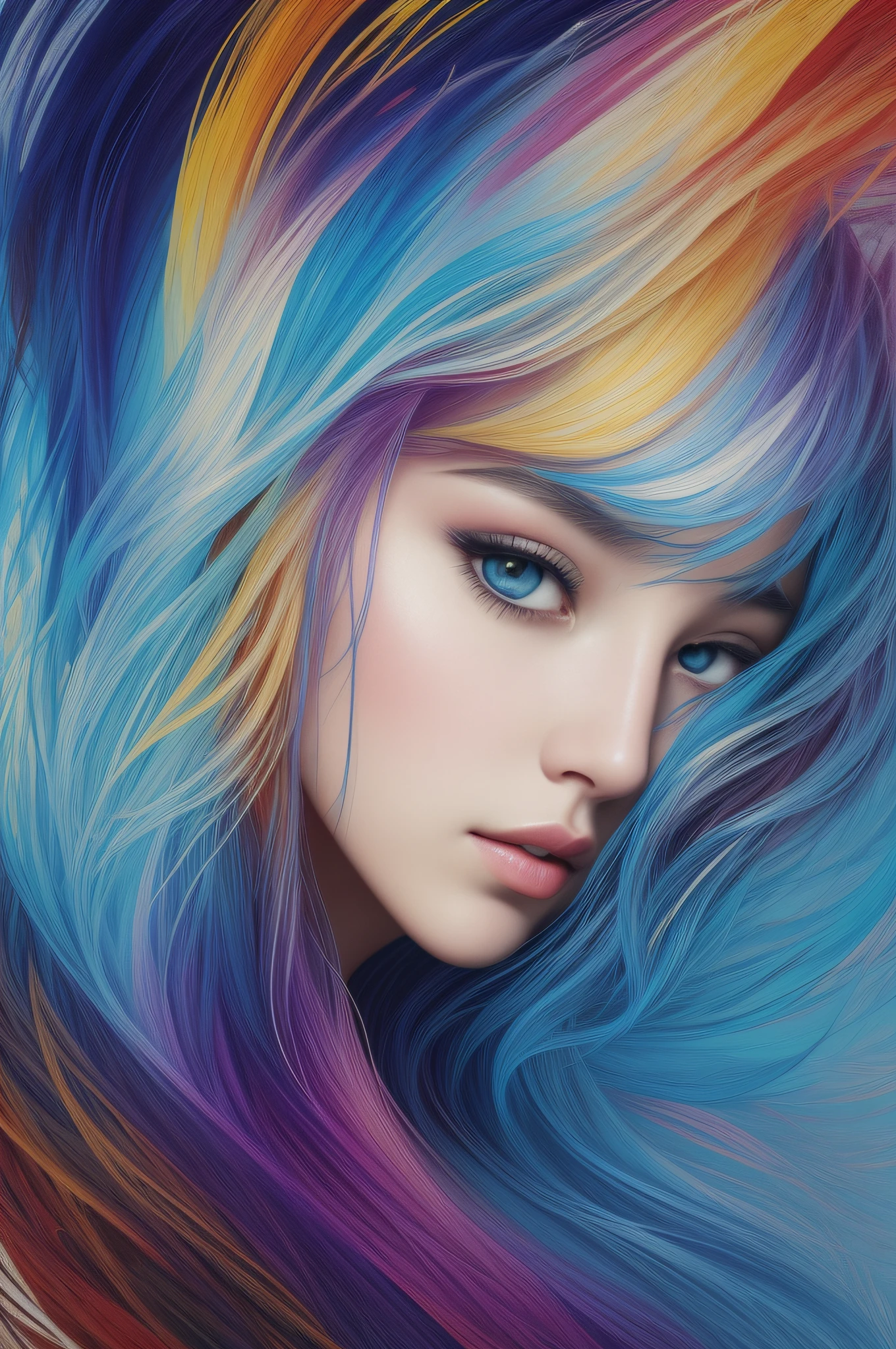 Colorful beautiful girl: a 25-year-old girl, Chinese, small eyes, single eyelids, danphoenix eyes, messy hair, oil painting, perfect face, soft skin perfect face, blue-yellow, light purple and violet addition, light red addition, intricate details, splash screen, 8k resolution, masterpiece, cute face, artstation digital painting smooth very black ink flow: 8k resolution realistic masterpiece: intricate fluid gouache: by Jean Baptiste Mongue: Calligraphy: Acrylic: Watercolor Art, Professional Photography, Natural Daylighting, Volumetric Lighting Minimalist Photography Illustration: by Marton Bobzert: , Complex, elegant, expansive, dreamy, wavy hair, vibrant, paint splattered, smoky . The pigments form a Chinese dragon.