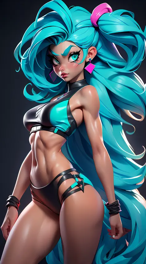 ((Best Quality)), ((Masterpiece)), ((Realistic)) and ultra-detailed photography of a 1nerdy girl with goth and neon colors. She has ((turquoise hair)), wearing (thong, bikini:black) bare shoulders. barebody., ((beautiful and aesthetic)), muscular fit body ...