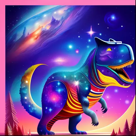 A circular digital painting depicting a T-Rex with sunglasses and a hat, in a stunning and imaginative setting. The background is filled with a starry universe and colorful galaxies, while the T-Rex stands out as a majestic central figure. The combination ...