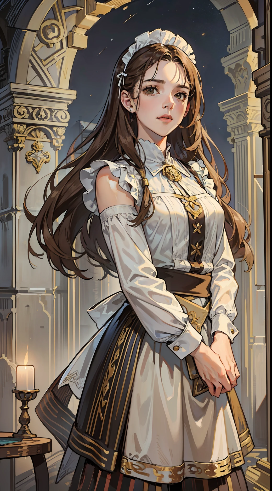 (8k, RAW photo, best quality, masterpiece: 1.2), (realistic, photorealistic: 1.37), (1GIRL) long wavy brown hair, (((middle stripe))) (((NO SKIN))) (((/dull brown eyes/))), calm expression, closed mouth, malancholic look, (antique, covered and simple maid's clothes), (((NOT NSFW))) church background, (((night))) moonlight, fantastic atmosphere, beautiful lights, perfect and detailed face,  beautiful and melancholy face, young woman of 20 years, (((FULL BODY)))