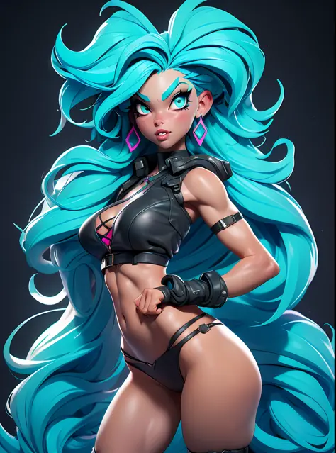 ((Best Quality)), ((Masterpiece)), ((Realistic)) and ultra-detailed photography of a 1nerdy girl with goth and neon colors. She has ((turquoise hair)), wears a small skimpy black bikini thong , ((beautiful and aesthetic)), muscular fit body abs, sexy, unde...