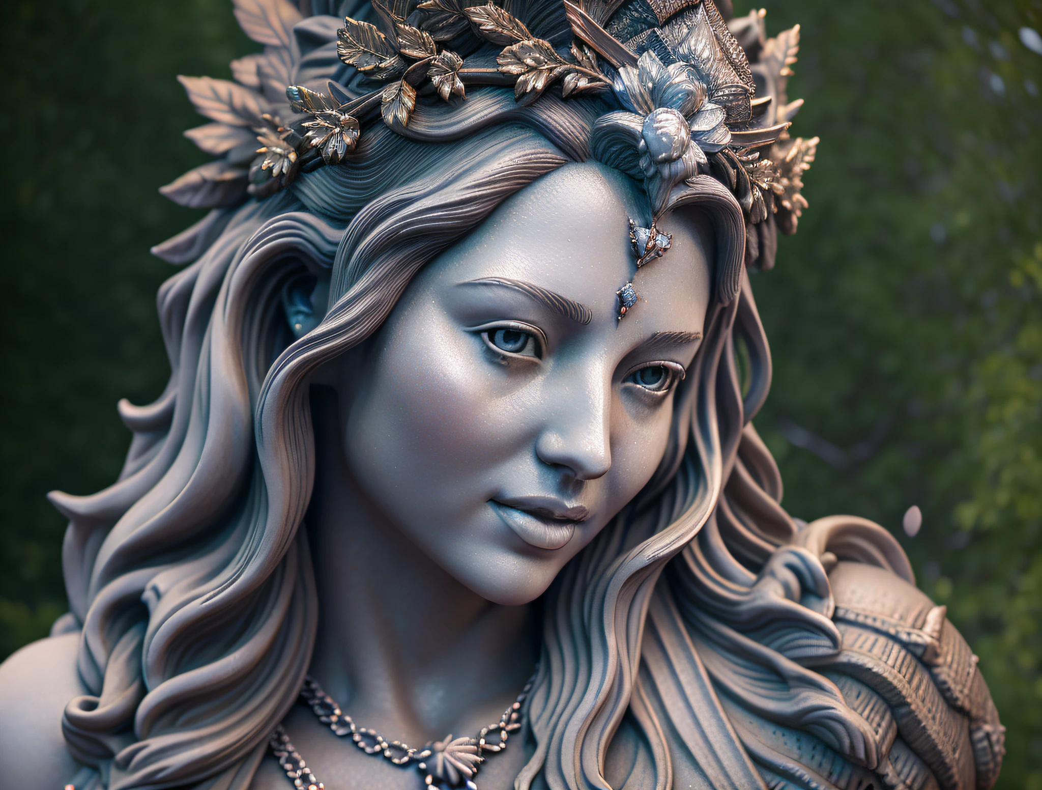 There is a statue of a woman with a crown on a rock, an unreal engine render + a goddess, (octane render) fantasy style, 3D goddess portrait, goddess. Extremely high details, realistic fantasy rendering, stuning fantasy 3D rendering, stylized 3D rendering, rendering in maya and houdini, 3D sculpting octane rendering 8k