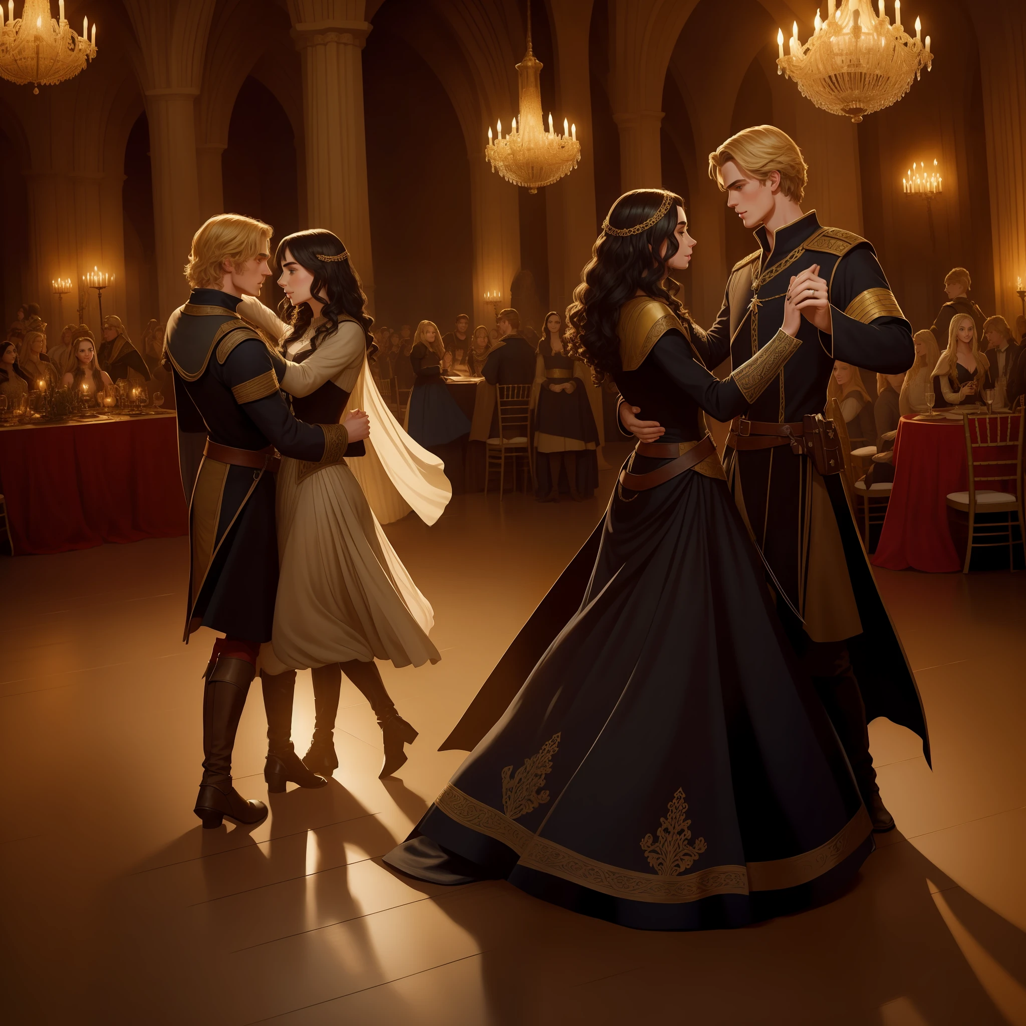 Lily Collins, who has curly black hair, wears a medieval dress. the Neels Visser wears a medieval military outfit and has blonde hair. The couple is waltzing in the ballroom. The illustration is like a book cover with a detailed, bright, illuminated, ultra detailed background, concept art, elegant, art by Greg Rutkowski